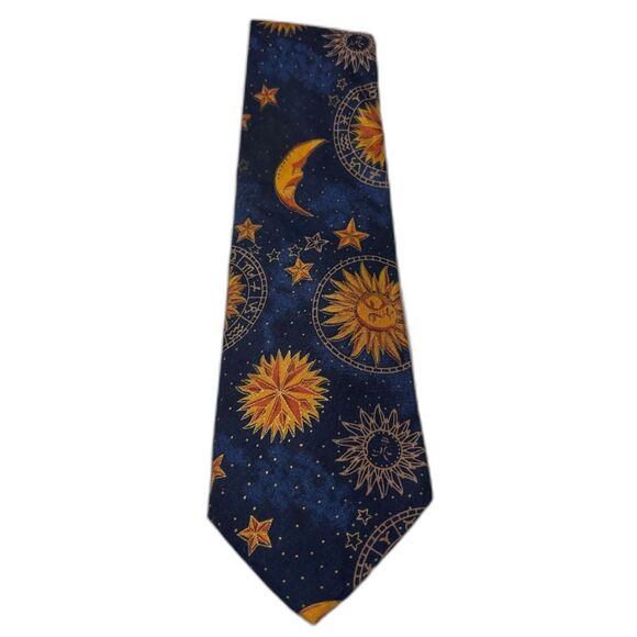D'Em Crazy Other - D'Em Crazy Vintage Celestial 100% Cotton Tie Sun Moon Stars Zodiac Navy 1990s